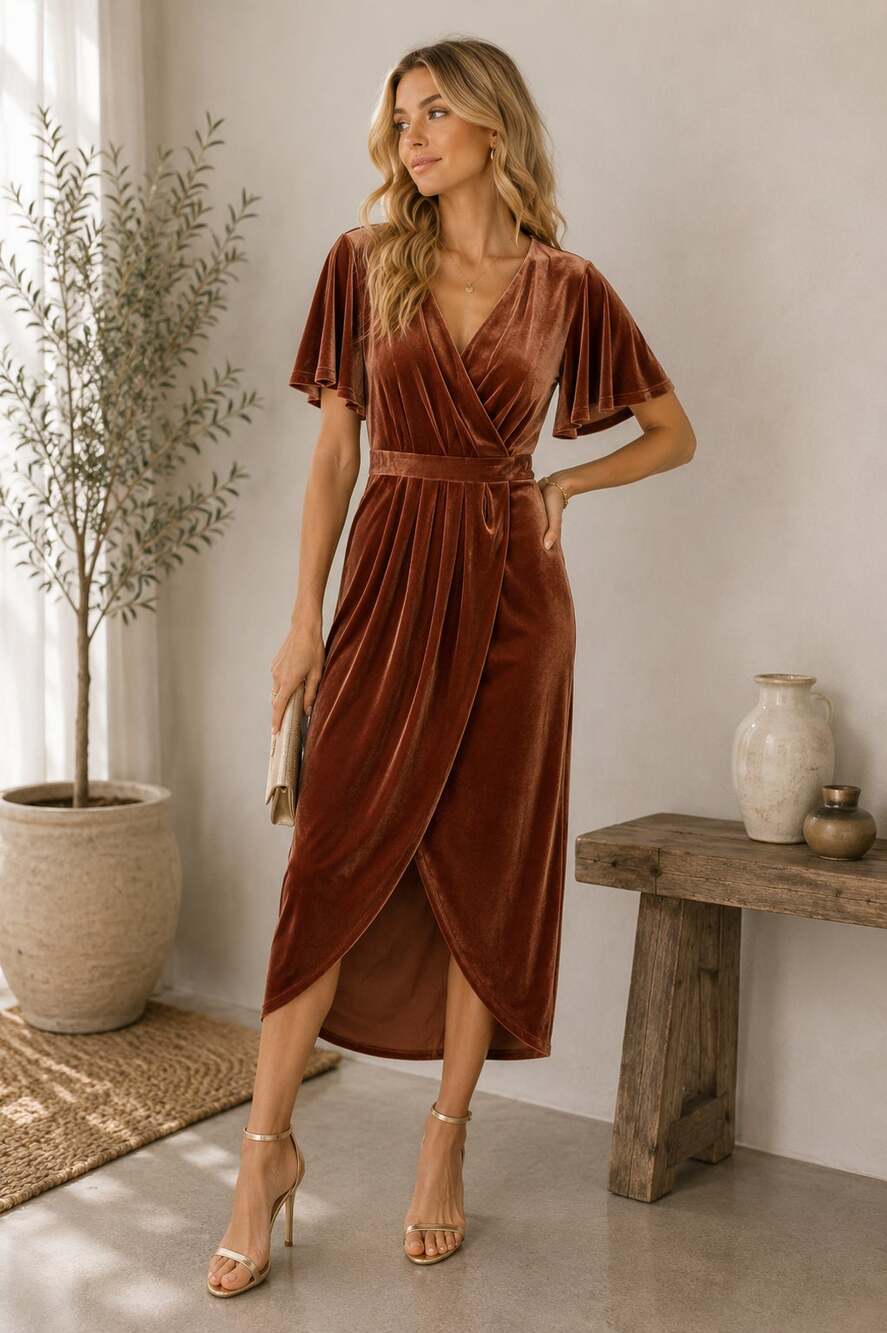 Jessakae Burnt Orange Velvet Midi Dress Women L Classic Fall Flutter Sleeve Wrap